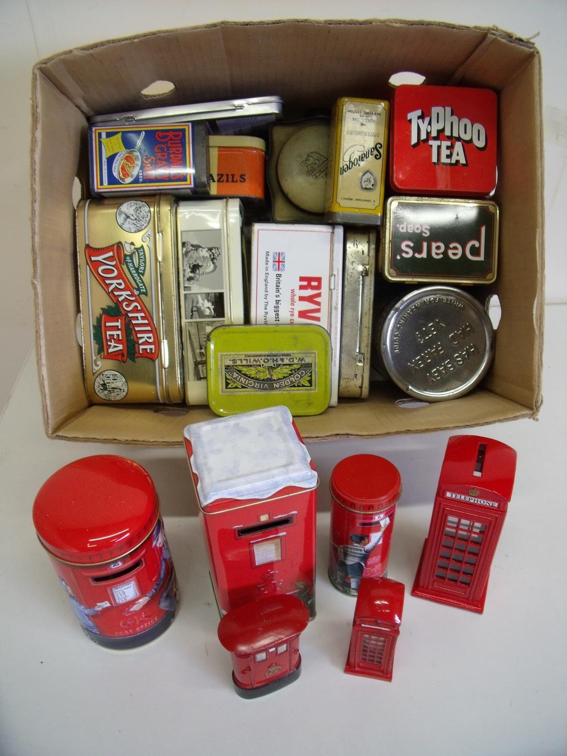 Selection of various old tins in two boxes including a selection of telephone and post box type tins