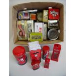 Selection of various old tins in two boxes including a selection of telephone and post box type tins