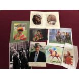 Selection of photos and cards mainly signed by Willie Carson, Lester Piggott etc