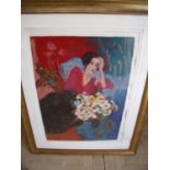 Framed and mounted coloured lithograph depicting lady and flowers (131cm x 106cm)