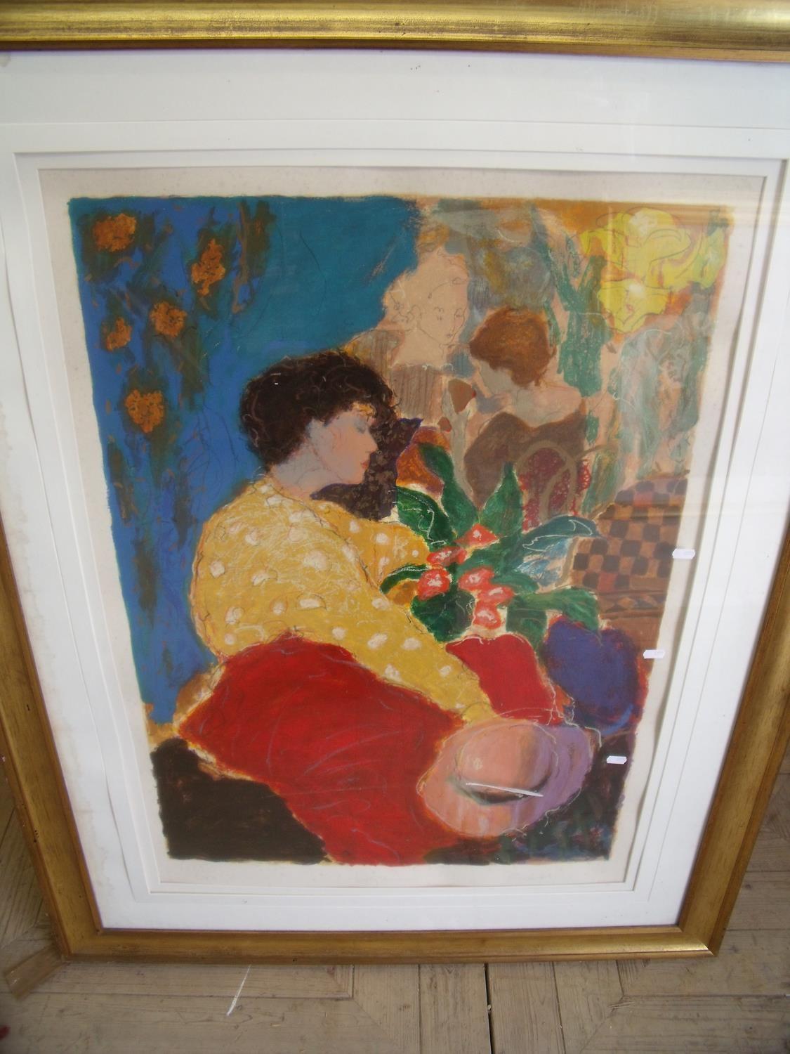 Extremely large gilt framed and mounted coloured lithograph No 121/350, signed lower right '