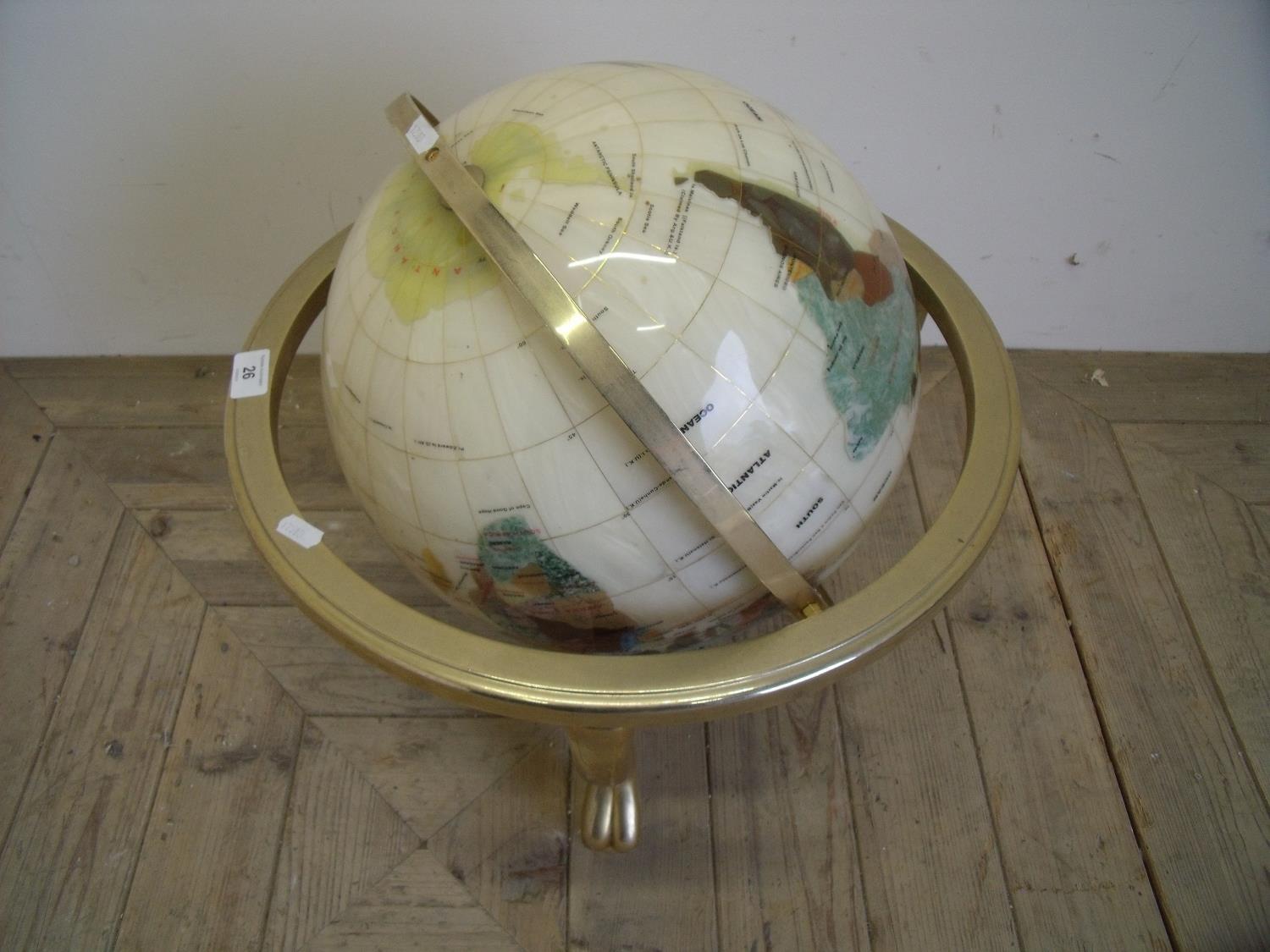 Large brass framed free standing multi-gemstone globe