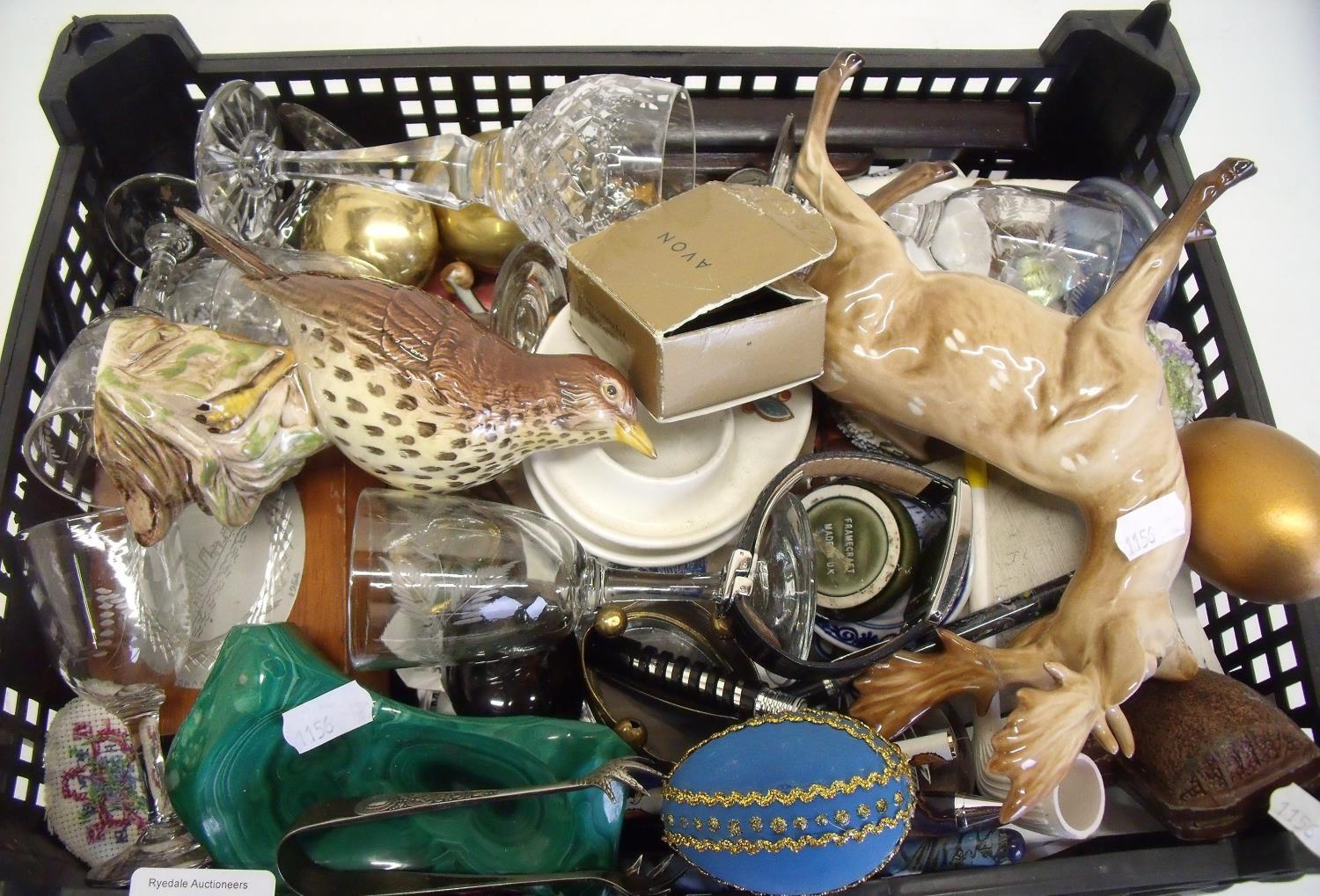 Box of various decorative items including Beswick thrush, a Beswick deer (A/F), various