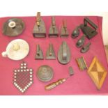 Interesting collection of various assorted flat irons, wirework iron stand, two scarce oval shaped