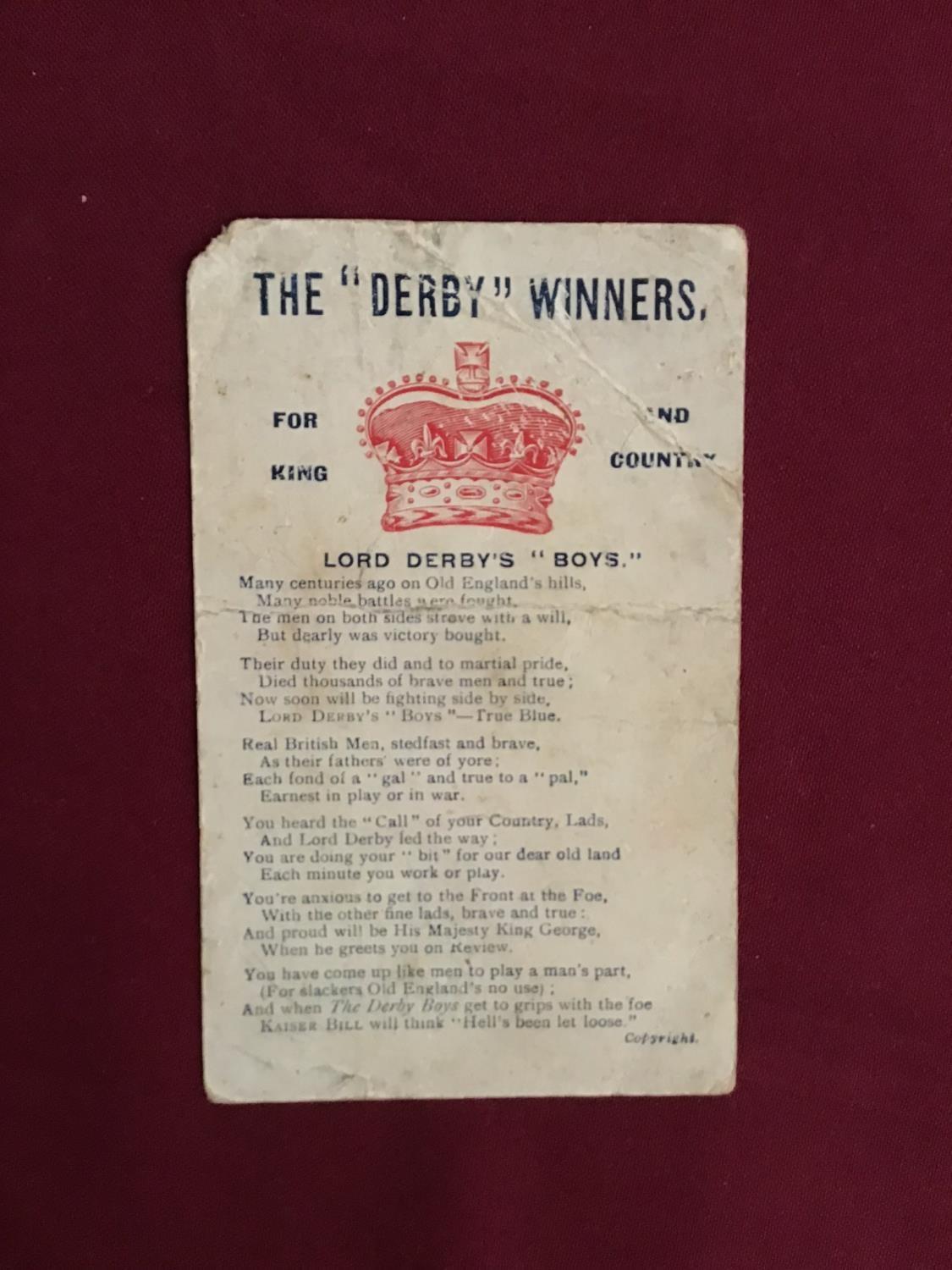 Small postcard featuring a poem about Lord Derby's Boys