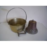 Brass jam pan and a brass hanging bell (2)