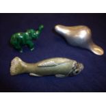 Small carved malachite elephant, a Studio ware signed stainless steel figure of a beaver and a