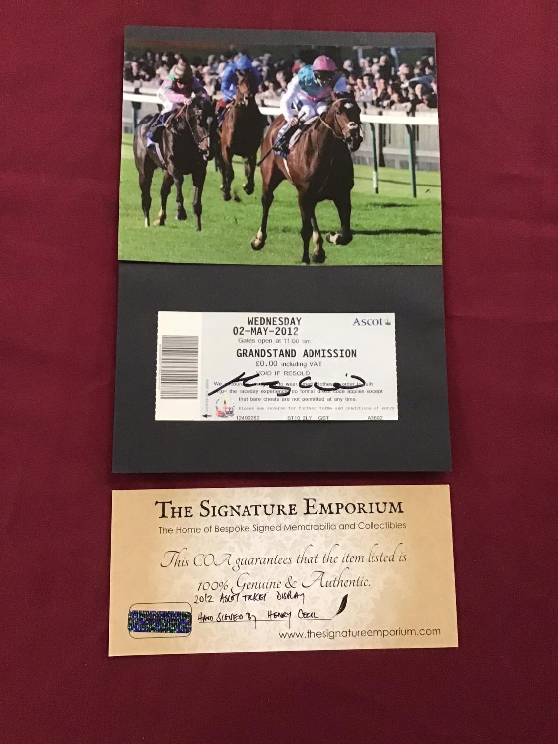 Mounted photograph and a Grand Stand admission ticket for Ascot signed by Henry Cecil with