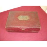 Leather travelling writing box with inset handle and fitted interior, complete with inkwell (31cm