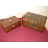 19th C rosewood jewellery box with hinged top & lift out interior and a carved Eastern style