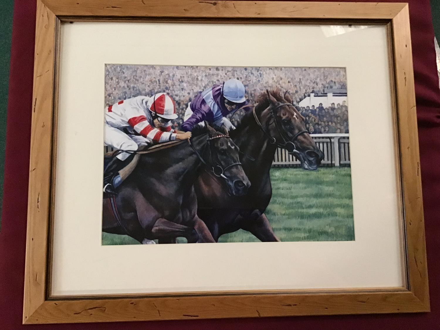 Print of a horseracing scene (57cm x 47cm including frame)