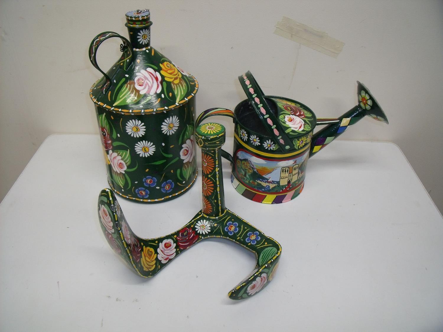 Selection of Bargeware painted metalwork including watering can, shoe last and oil can (3)