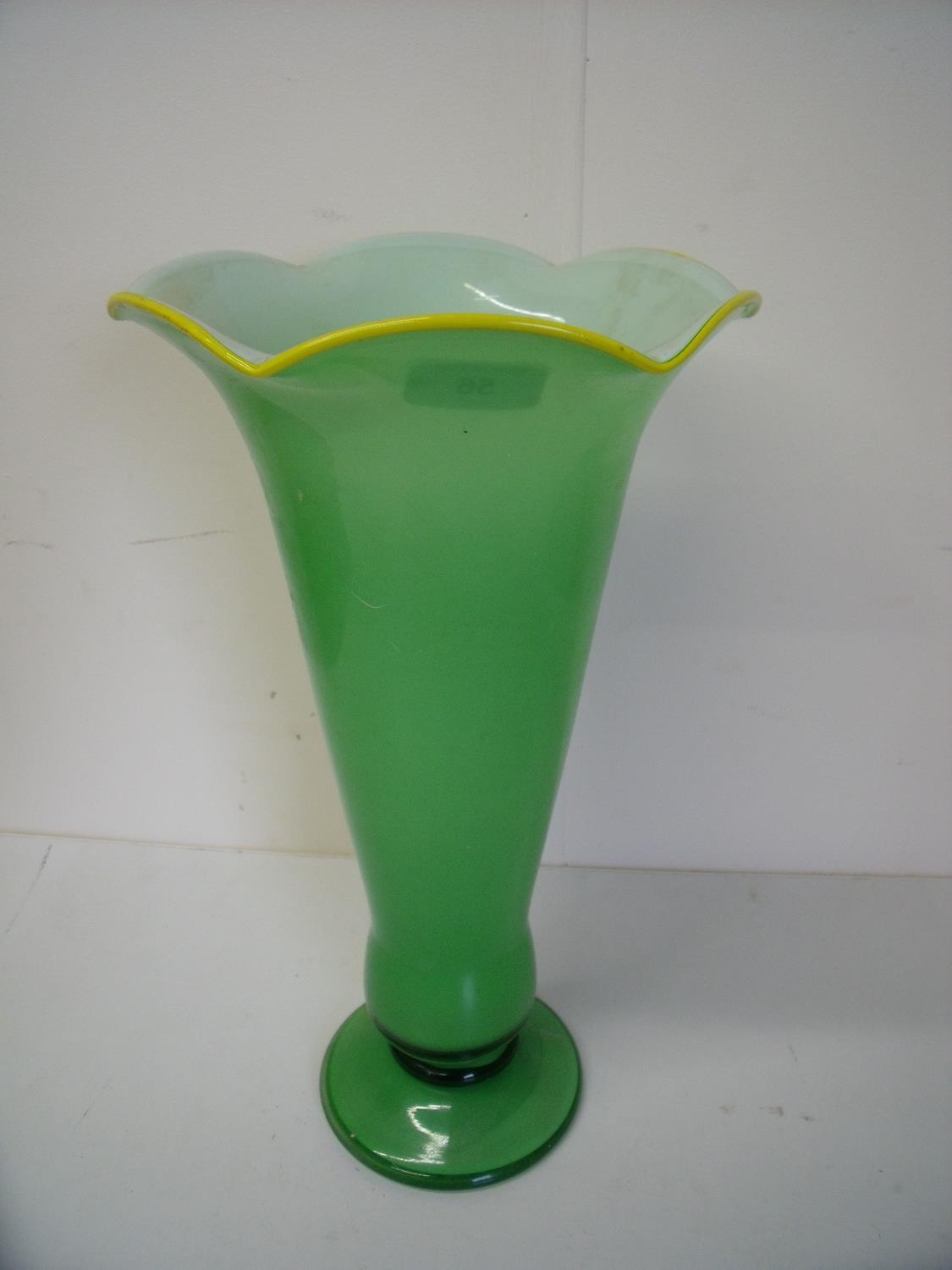 Large green glass trumpet style vase