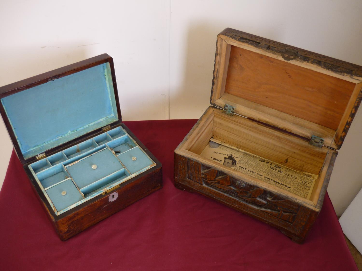 19th C rosewood jewellery box with hinged top & lift out interior and a carved Eastern style - Image 2 of 2