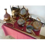 Large selection of metal ware in one box including brass and copper ware, fish kettle, copper kettle