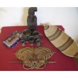 Selection of various pewter tankards, carved wood tribal style figure, similar beadwork pouches,