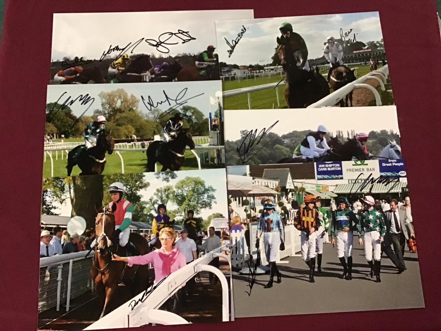 Five 10x8inch prints and one 12x8inch print signed by various jockeys including W Marston, Donal