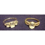 Two 9ct gold dress rings, one in white gold set with three baguette shape cut stones and diamond