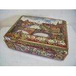 Large German embossed E. Otto Schmidt tin with town landscape scenes and hinged rectangular top (