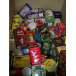 Large selection of assorted vintage and modern tins in 1 box including various branded ware items