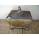 Early 20th C rectangular coal box with lift off lid on raised lion paw feet, with lion mask