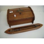 Early 20th C oak two sectional sewing type boxes with fitted interior, a weaving shuttle and a boxed