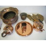 selection of various copperware including embossed jardinière, kettles, tankards etc