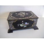 Late Victorian papier mache jewellery box with Mother of Pearl and gilt detail, the hinged top