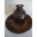 African style turned wood vase and similar platter