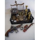 Selection of various brassware and plated ware in one box including candlesticks, coasters,