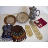 Interesting collection of beadwork purses, oriental style silver plated hot water jug, Mother of