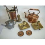 Selection of various brass, copper and plated ware in one box including copper kettle, Go to Bed