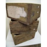 Three vintage wooden packing boxes stamped 'Antiques from Herbert Sutcliffe England' (approx. 44cm x