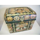 Victorian metal travelling trunk with various scrap work applied detail and brass lock stamped