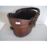 Early 20th C coopered oak coal bucket with rope twist and leather binded swing handle