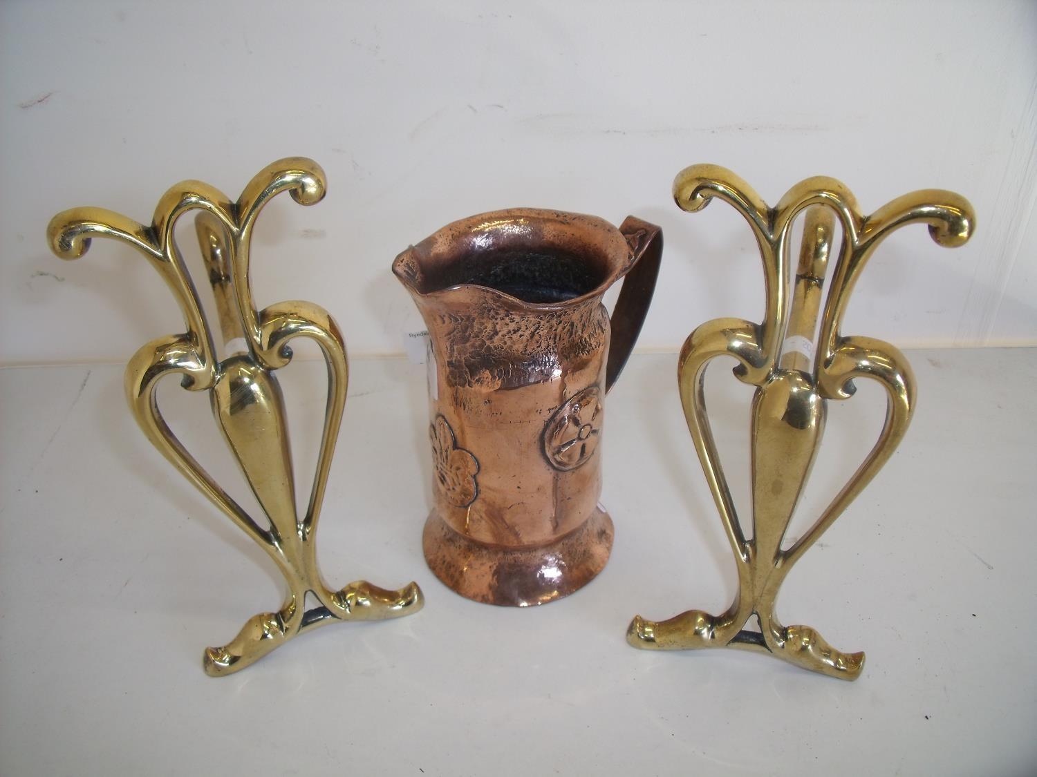 Heavy copper work Arts & Crafts style jug with loop handle mounted with various motifs marked Wilson