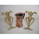 Heavy copper work Arts & Crafts style jug with loop handle mounted with various motifs marked Wilson