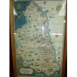 Oak framed map of Northumberland and Durham produced by British Railways designed and drawn by Lance