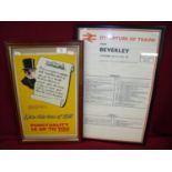 Framed and mounted railway advertising poster "Punctuality Is Up To You" and a departure of trains