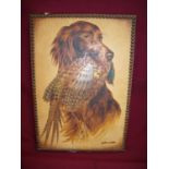 Painted and tooled leather wall panel depicting spaniel and pheasant (35cm x 50cm)
