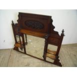 Late Victorian walnut over mantel mirror with central bevelled edge mirrored panel flanked by two