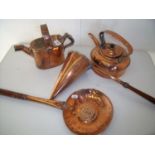 Pauline Bell heavy copper watering can, similar kettle, funnel with turned wood handle and cream