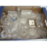 Cut crystal water jug, silver plate and glass butter dish, White Friars paperweight and other