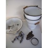 Two enamel buckets, a large enamel pail, flat iron, mincer etc