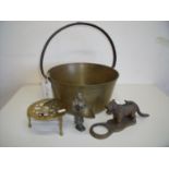 Large brass jam pan, trivet stand, brass Egyptian style figure and a nut cracker in the form of a