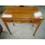 Modern yew wood and cross banded single drawer side table on square tapering supports (76cm x 43cm x
