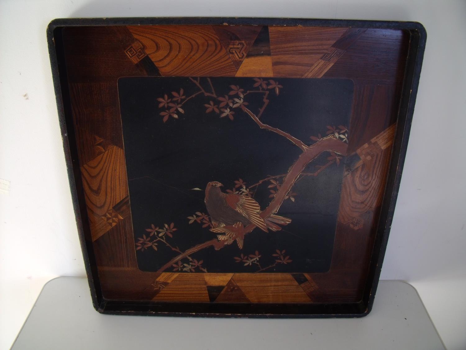 19th/20th C large marquetry and lacquered Japanese tray depicting hawk in landscape setting