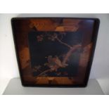 19th/20th C large marquetry and lacquered Japanese tray depicting hawk in landscape setting