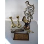 Pair of brass candlesticks, model brass cannon, fire companion set, school plaque and horse & plough