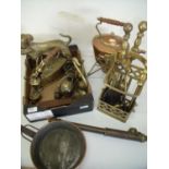 Copper gypsy kettle, brass companion set, Abol No 4 insecticide pump, brass dog with pheasant,